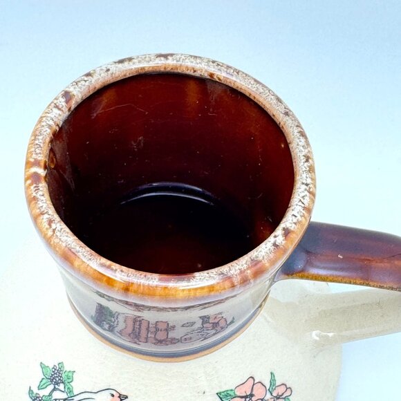 Arkansas Ceramic Pottery Mug Birds Flowers Spill-Proof Brown Beige Vtg 2 - Picture 5 of 8